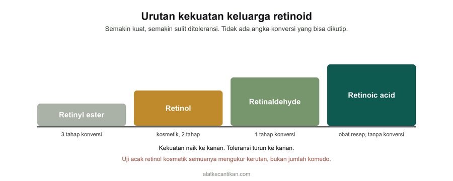 Diagram urutan kekuatan retinoid dari retinyl ester paling lemah, retinol, retinaldehyde, sampai retinoic acid yang paling kuat dan berstatus obat resep di Indonesia